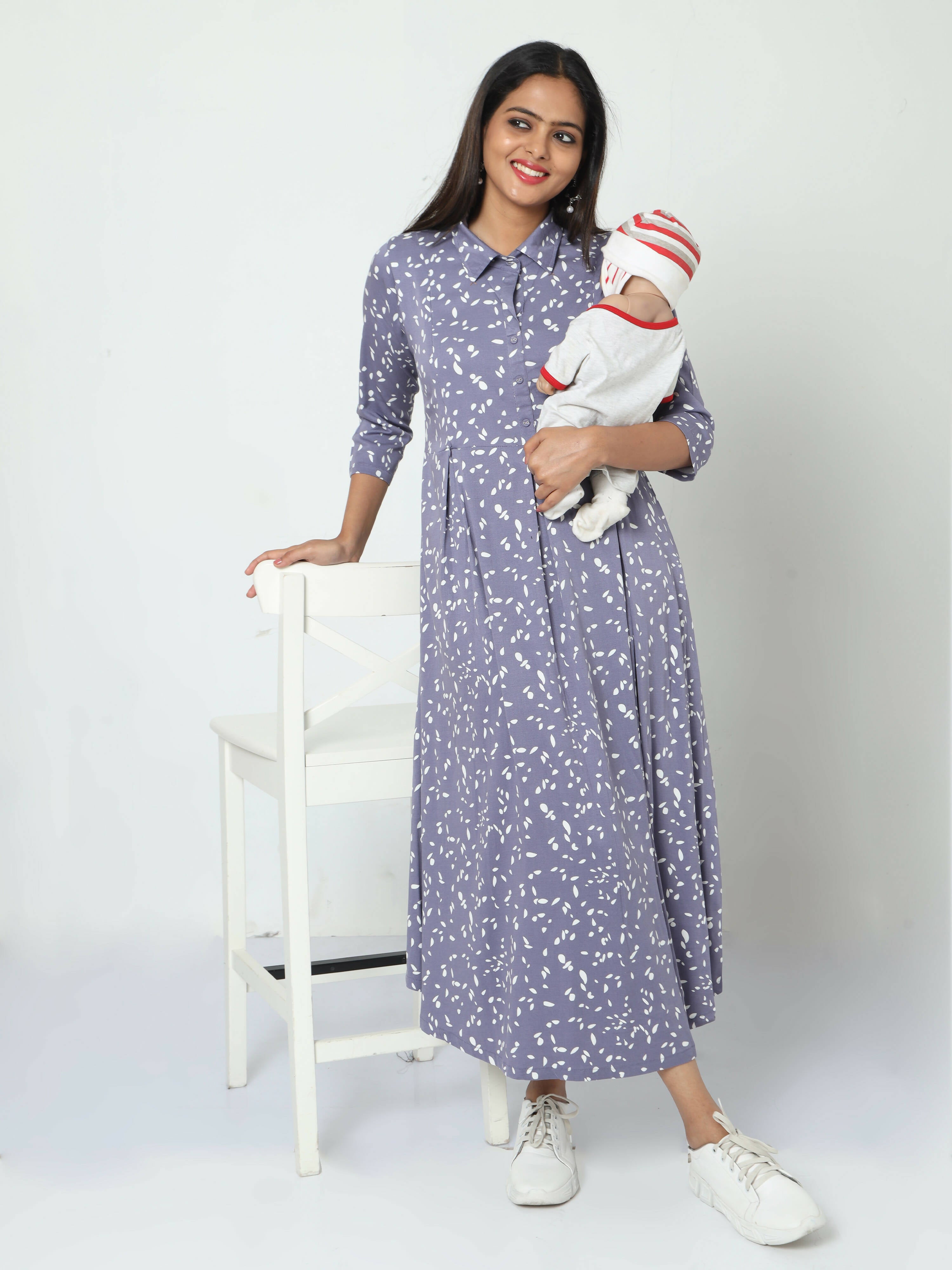 Manet Three Fourth Maternity Dress White Dot Print With Concealed Zipper Nursing Access - Blue - Distacart