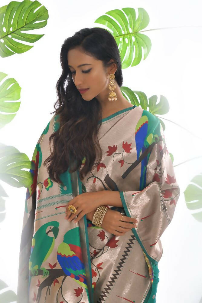 Vishnu Weaves Women's Rama Paithani Silk Zari Woven Saree with Unstitched Blouse - Distacart