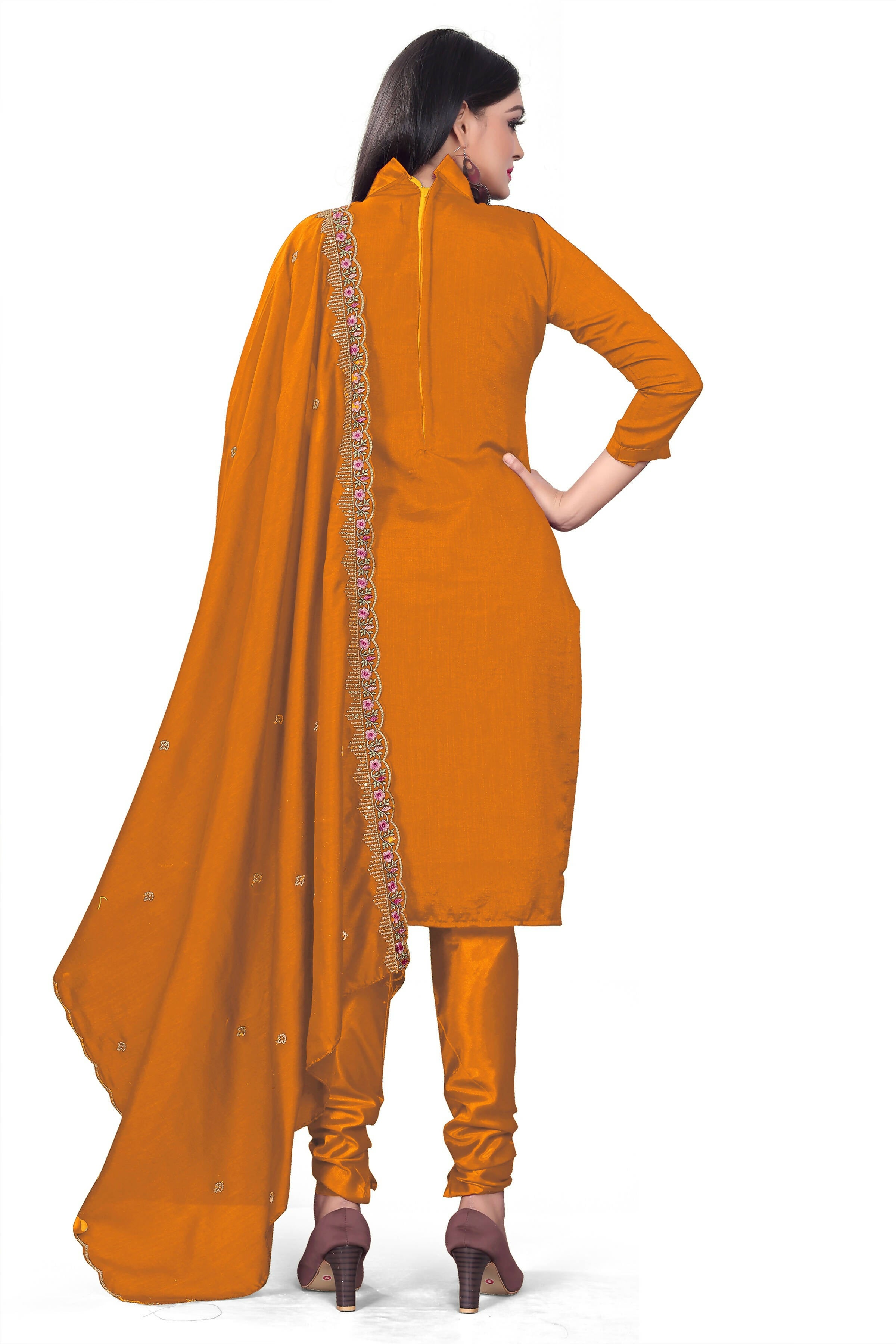 Mustard Silk Embroidered with Sequins work Unstitched Dress Material - Tanvi - Distacart