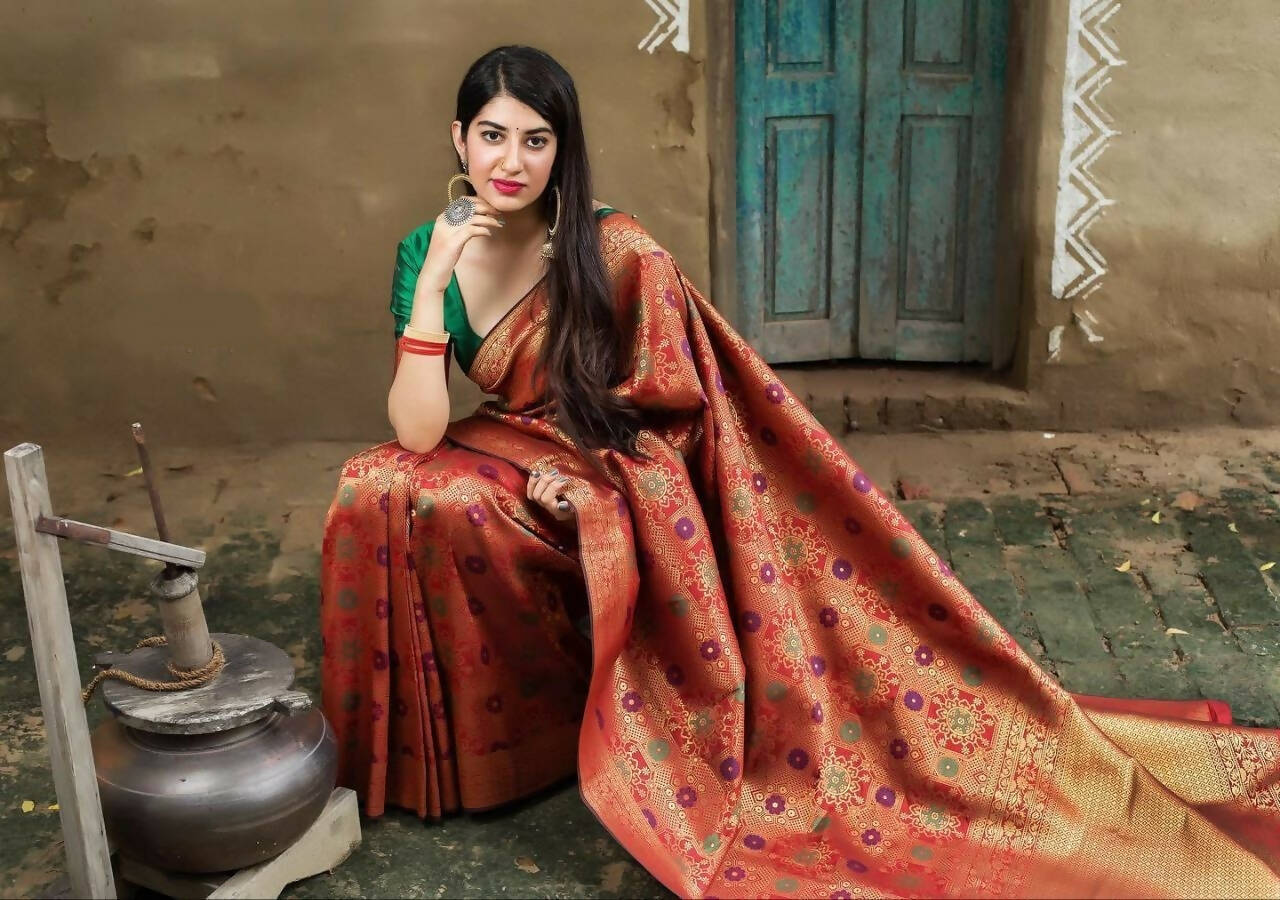 DEIANA'S Beautiful Golden Jari with New Design Soft Lichi Silk Saree - Red - Distacart