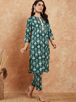 Thumbnail for InWeave Women's Peacock Blue Ikkat Print Gota Work Straight Kurta Pant Set - Distacart