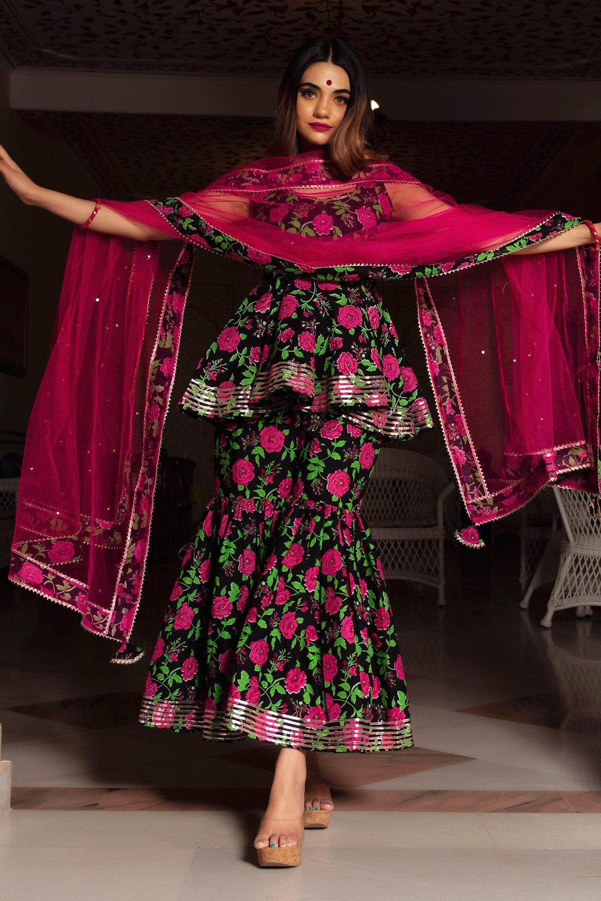 Pomcha Jaipur Gulmohar Cotton Hand Block Sharara Set - Distacart