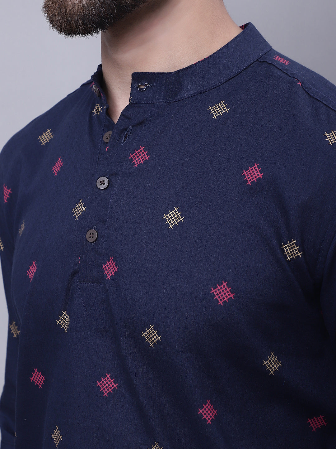 Even Apparels Blue Pure Cotton Short Kurta With Band Collar - Distacart