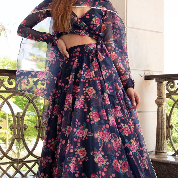 Pomcha Jaipur Majari Blue Organza Lehenga Set - Distacart