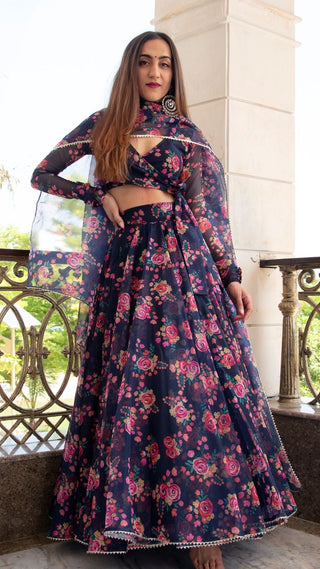 Pomcha Jaipur Majari Blue Organza Lehenga Set - Distacart
