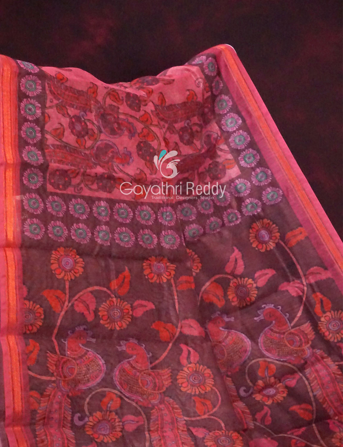 Combination Of Tomato Pink And Rust Mix With Kalamkari Design Semi Chanderi Saree By Gayathri Reddy Designer Studio - Distacart