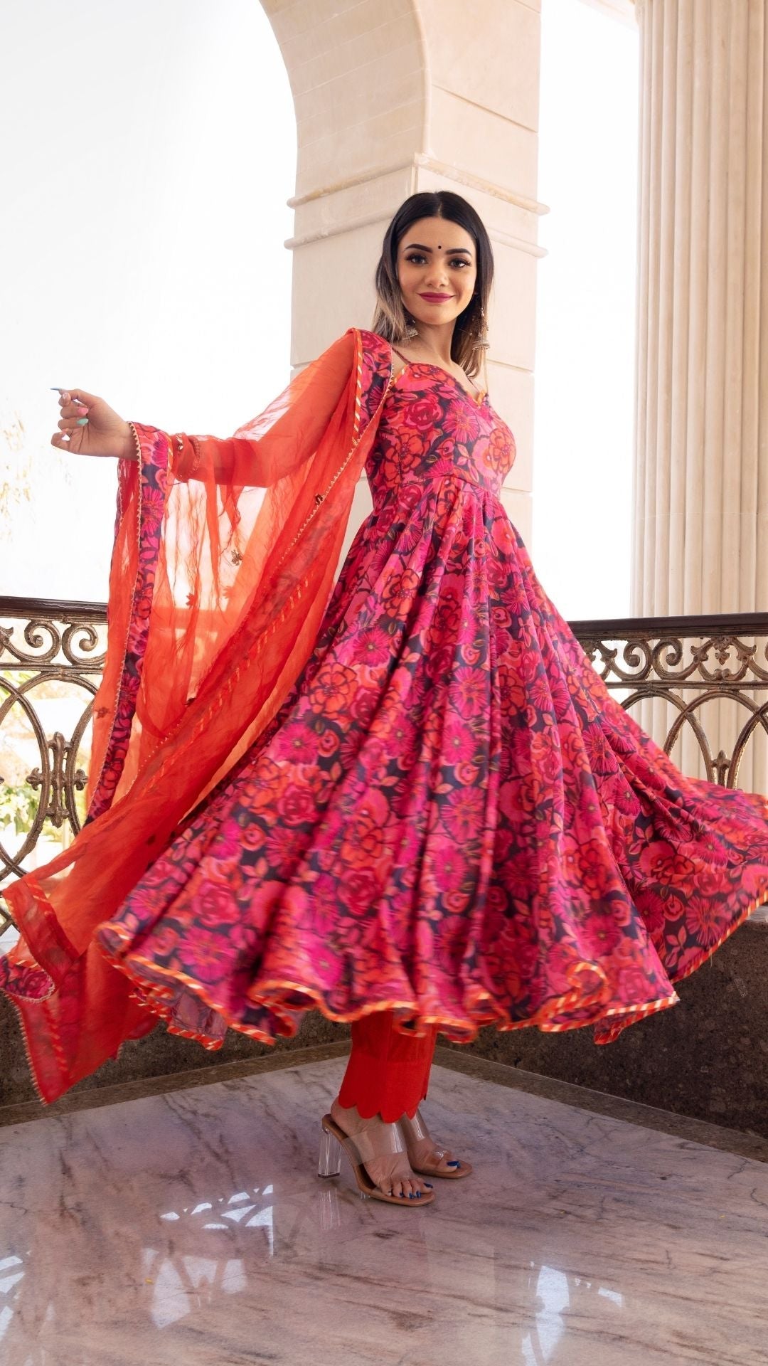 Pomcha Jaipur Tara Orange Printed Anarkali Set - Distacart