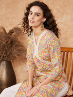 Thumbnail for InWeave Women's Multi Floral Painted Alia Lace Work Straight Kurta - Distacart
