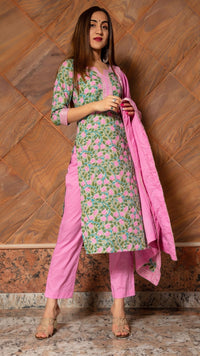 Thumbnail for Pomcha Jaipur Pink Phool Hand Block Cotton Kurta Set - Distacart