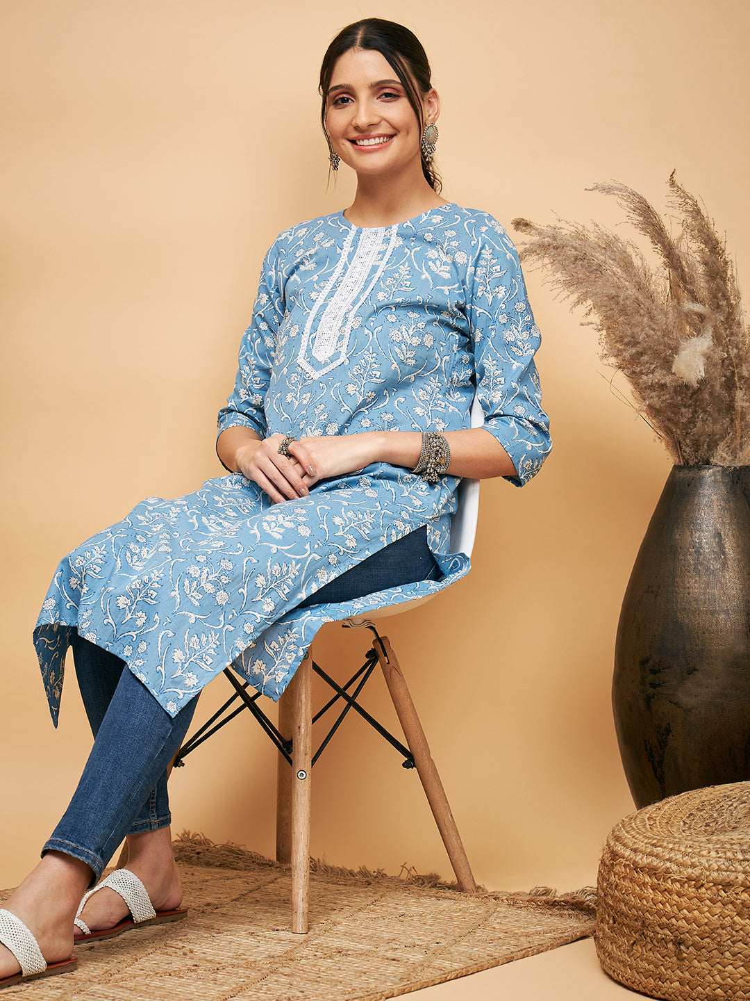 InWeave Women's Powder Blue White Print Lace Straight Kurta - Distacart