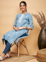 Thumbnail for InWeave Women's Powder Blue White Print Lace Straight Kurta - Distacart