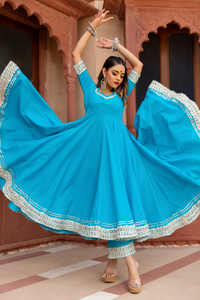 Thumbnail for Pomcha Jaipur Kalamkari Blue Pure Cotton Anarkali Set - Distacart