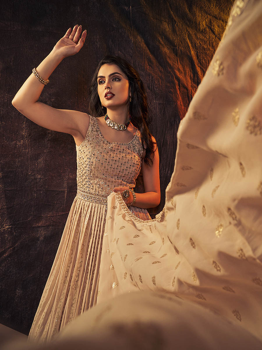 Myra Peach Real Georgette Designer Gown Style Suit - Distacart