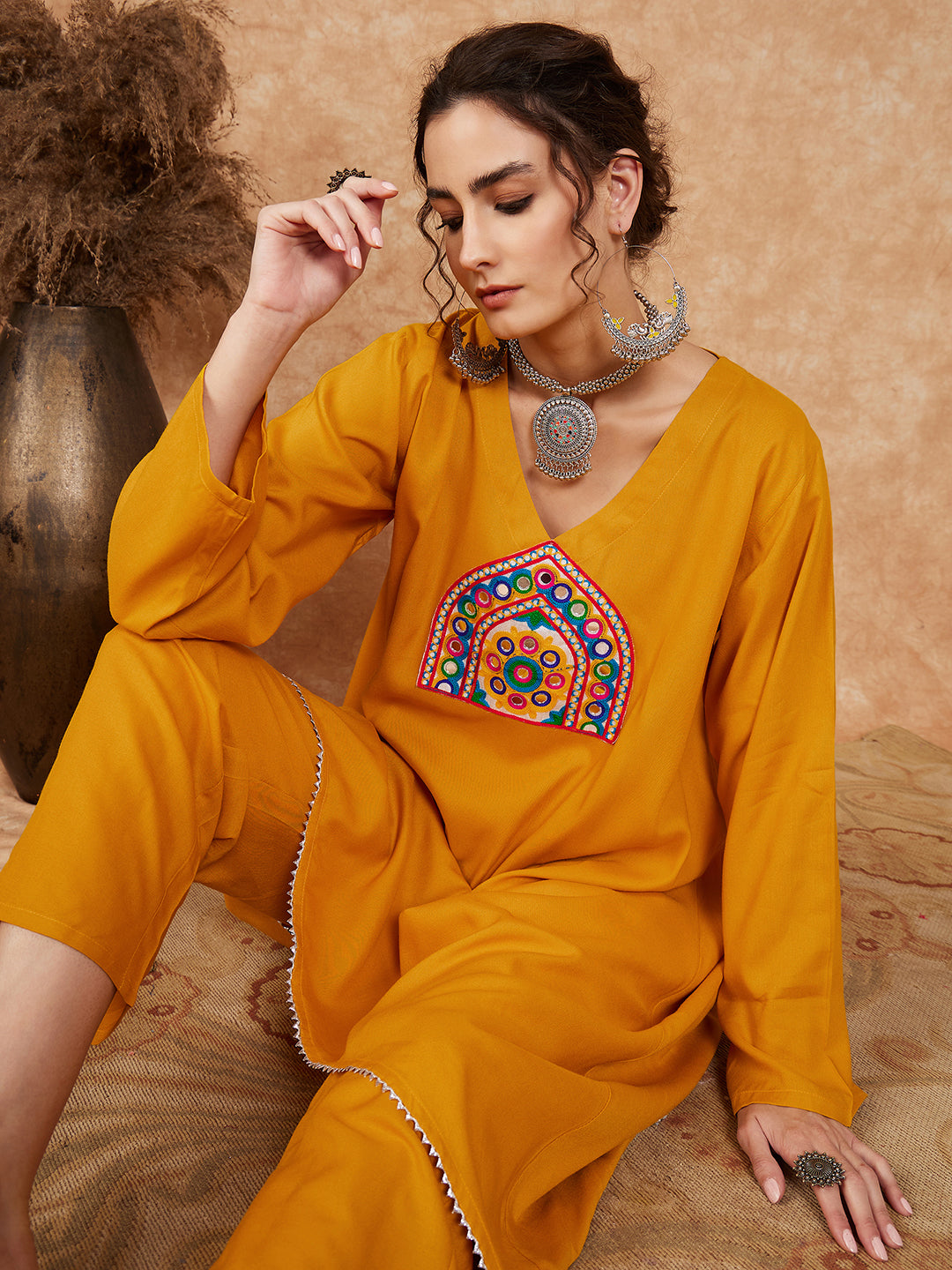 InWeave Women's Mustard Trangle Yellow Patch Work Assymentrical Kurta Set - Distacart