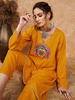 Thumbnail for InWeave Women's Mustard Trangle Yellow Patch Work Assymentrical Kurta Set - Distacart