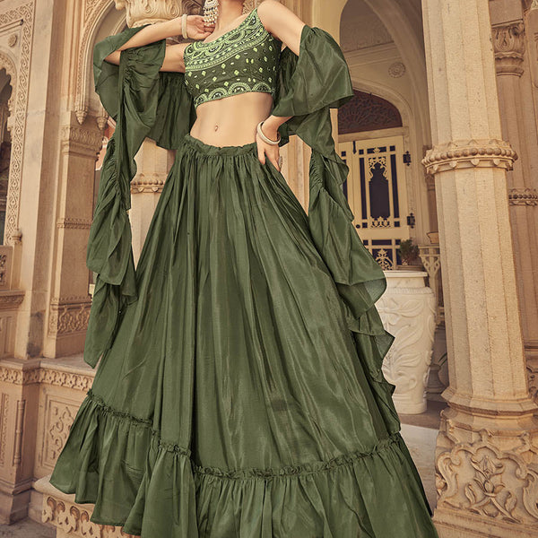 Myra Olive Chinon & Art SIlk Embroidered Designer Lehenga Choli - Distacart