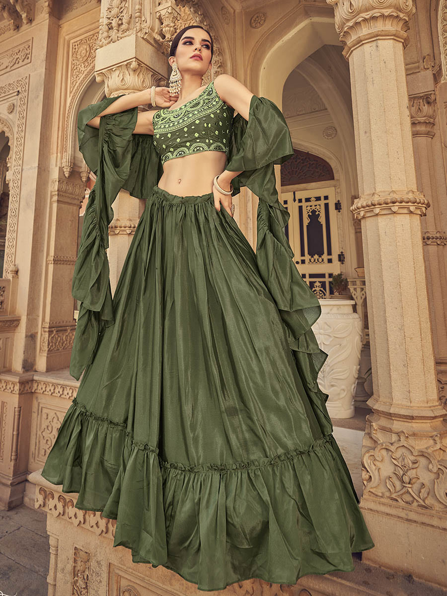 Myra Olive Chinon & Art SIlk Embroidered Designer Lehenga Choli - Distacart