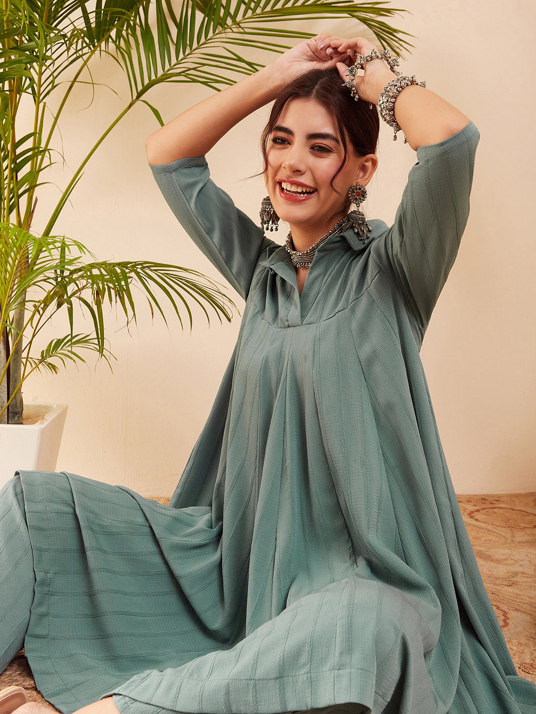 InWeave Women's Light Mint Collared Neck Flared Kurta Pant Set - Distacart