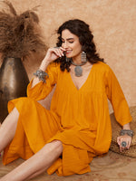 Thumbnail for InWeave Women's Mustard Lurex Flared V Neck Kurta Palazzo Set - Distacart