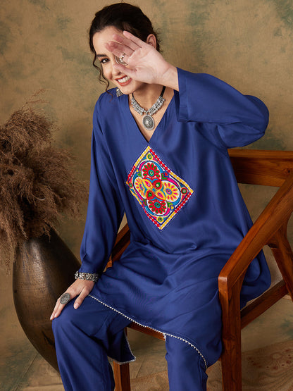 InWeave Women's Ink Blue Square Yellow Patch Work Assymentrical Kurta Set - Distacart