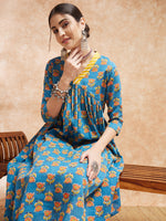 Thumbnail for InWeave Women's Blue Orange Floral Yellow White Leh V Neck Kurta Set - Distacart