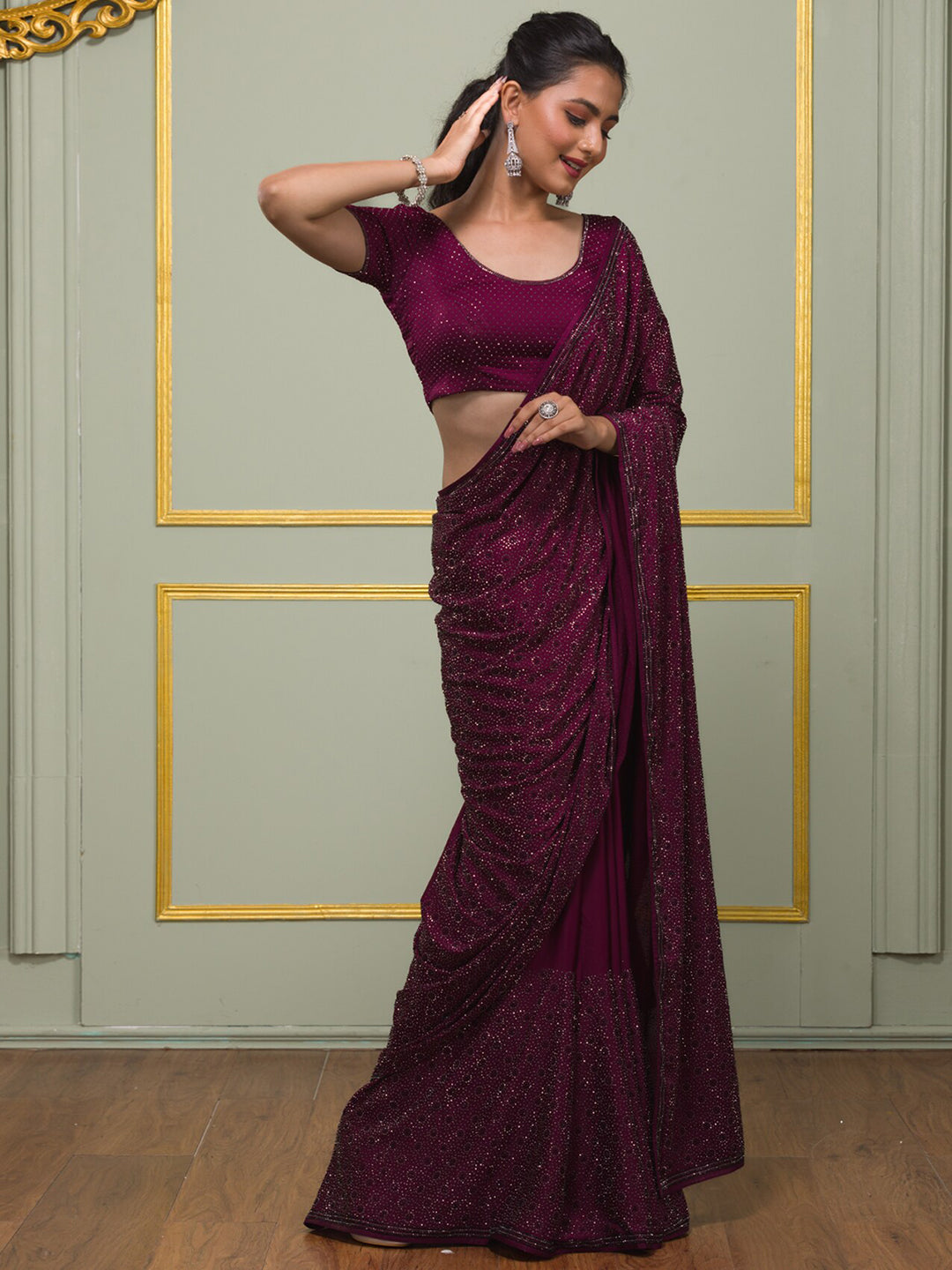 Koskii Embellished Stones Work Poly Crepe Saree With Blouse Piece - Distacart