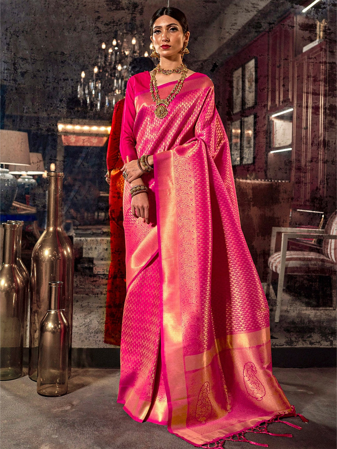Mitera Pink & Golden Ethnic Motifs Zari Silk Blend Kanjeevaram Saree - Distacart