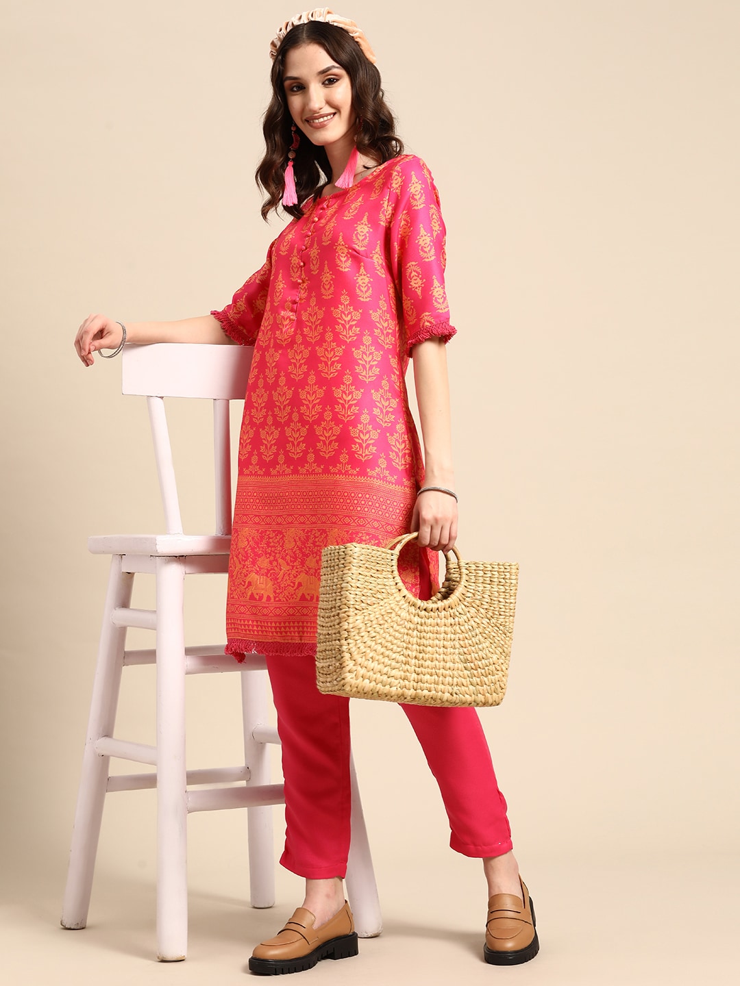 Sangria Women Pink & Yellow Ethnic Motifs Printed Kurta with Trousers - Distacart