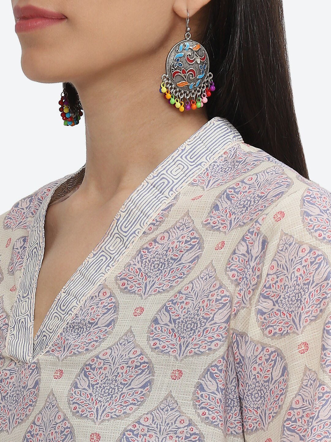 Biba V-Neck Ethnic Motifs Printed Pure Cotton Kurta - Distacart