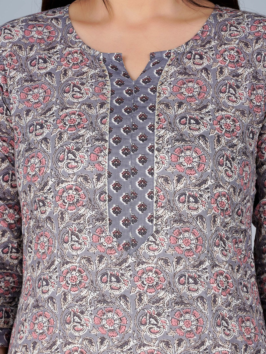 Kalini Notch Neck Floral Printed Pure Cotton Kurta with Trousers & Dupatta - Distacart