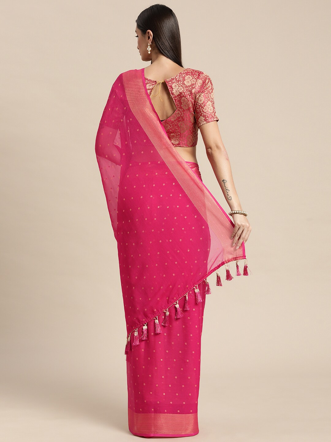 Mitera Pink & Gold-Toned Floral Zari Pure Chiffon Saree - Distacart