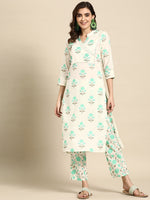 Thumbnail for Sangria Floral Printed Angrakha Sequinned Pure Cotton Kurta With Trousers - Distacart