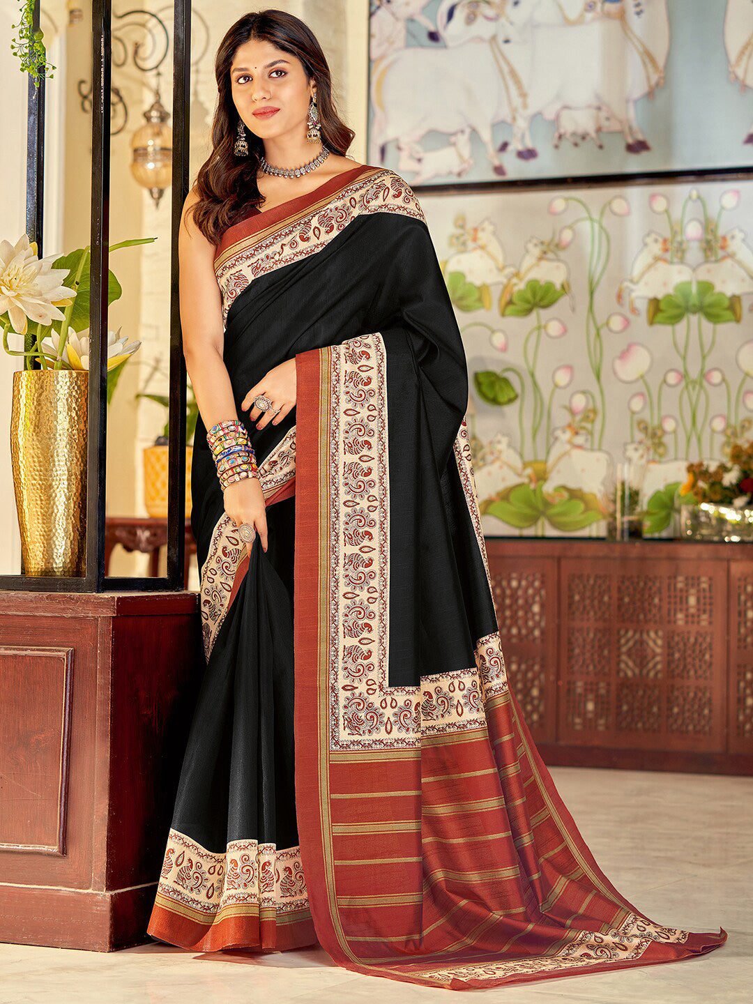 Kalini Ethnic Motif Printed Zari Tussar Saree - Distacart