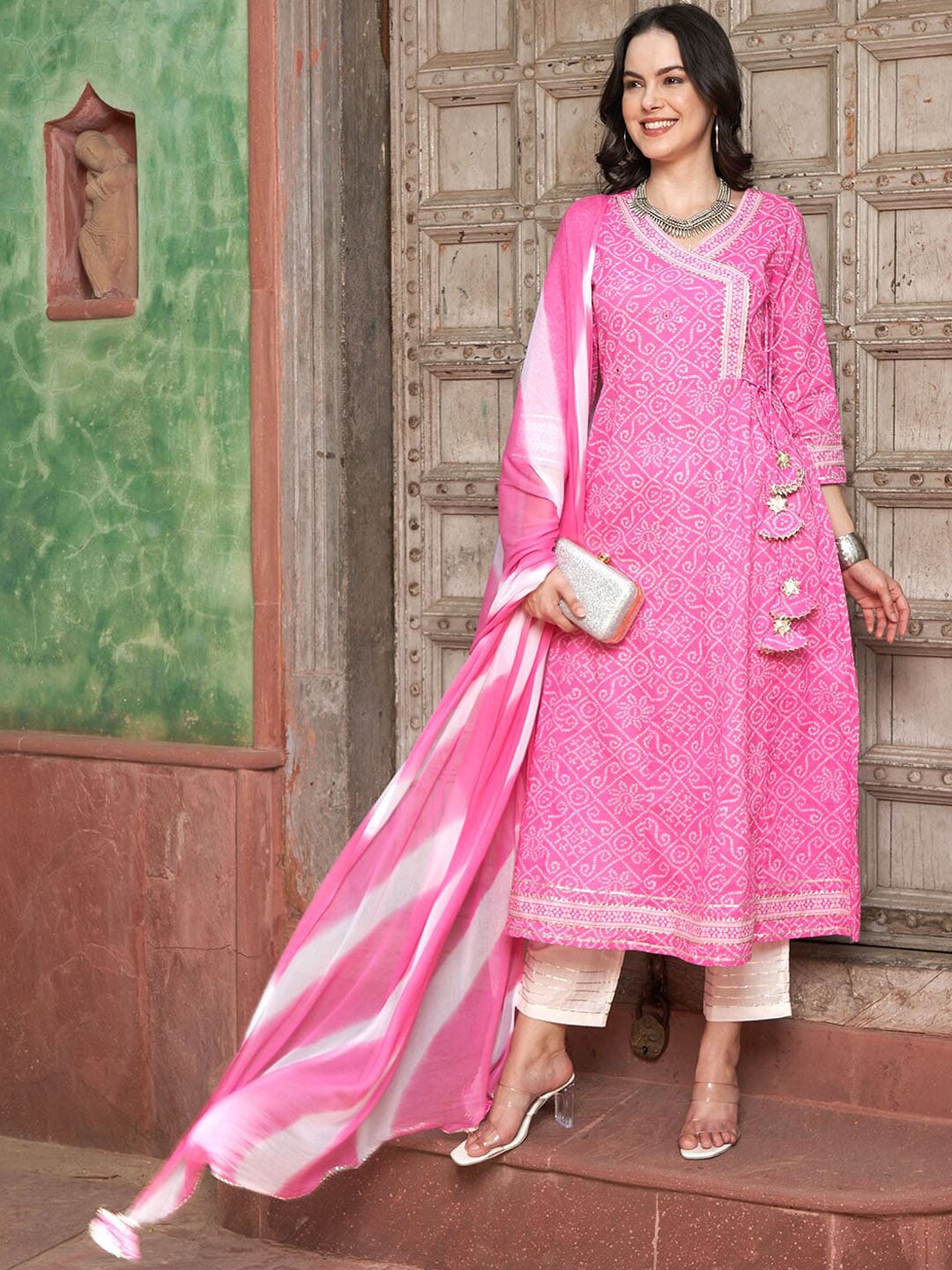 Sangria Pink Bandhani Printed Angrakha Mirror Work Pure Cotton Kurta Set - Distacart