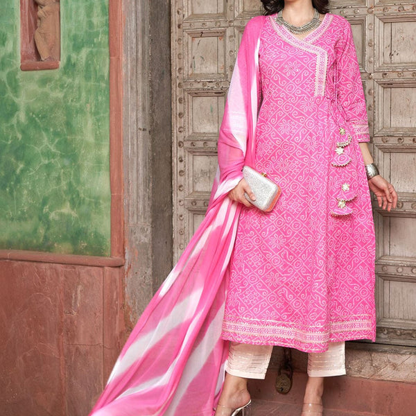 Sangria Pink Bandhani Printed Angrakha Mirror Work Pure Cotton Kurta Set - Distacart