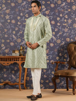 Thumbnail for House of Pataudi Ethnic Motifs Embroidered Mandarin Collar Straight Kurta With Trouser - Distacart