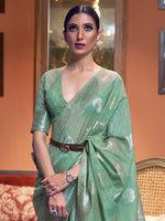 Thumbnail for Mitera Women Green Floral Zari Pure LinenWoven Design Festive Saree With Matching Blouse - Distacart