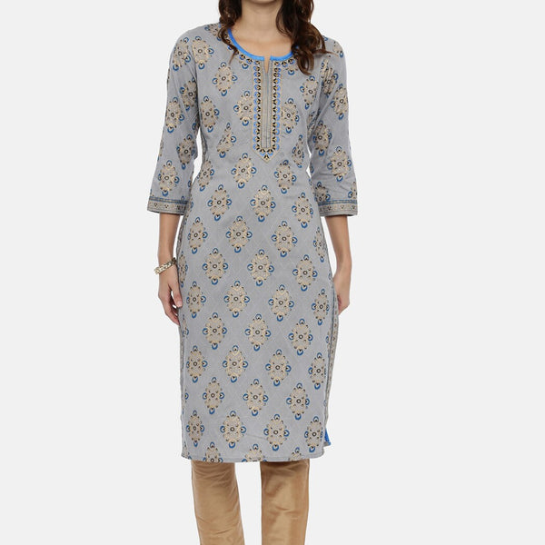 Souchii Grey & Gold Printed Straight Kurta - Distacart