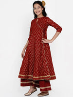 Thumbnail for NOZ2TOZ Maroon & Gold Ethnic Motifs Foil Print Anarkali Kurta With Palazzos For Girls - Distacart