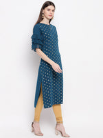 Thumbnail for Janasya Teal Blue Geometric Printed Keyhole Neck Flared Sleeves Crepe Kurta - Distacart