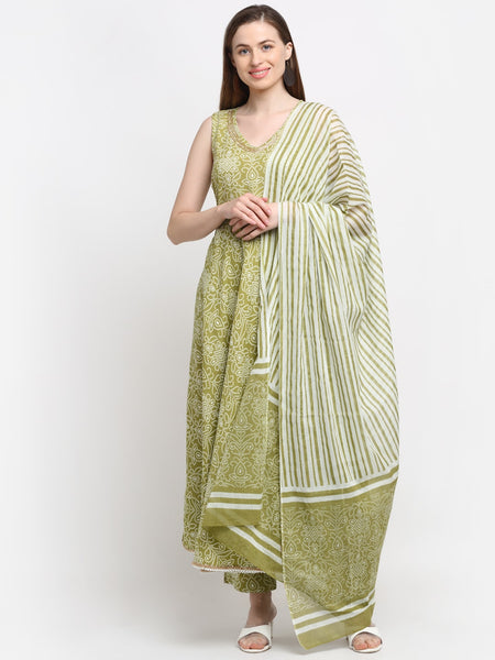 Kalini Women Green Bandhani Printed Aari Work Kurta with Trousers & Dupatta - Distacart