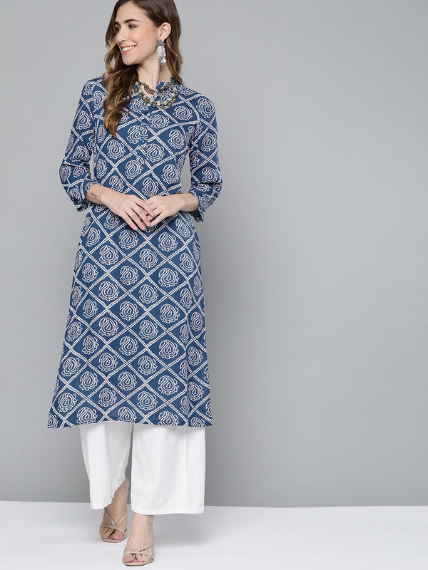 HERE&NOW Women Blue & White Geometric Printed Kurta - Distacart