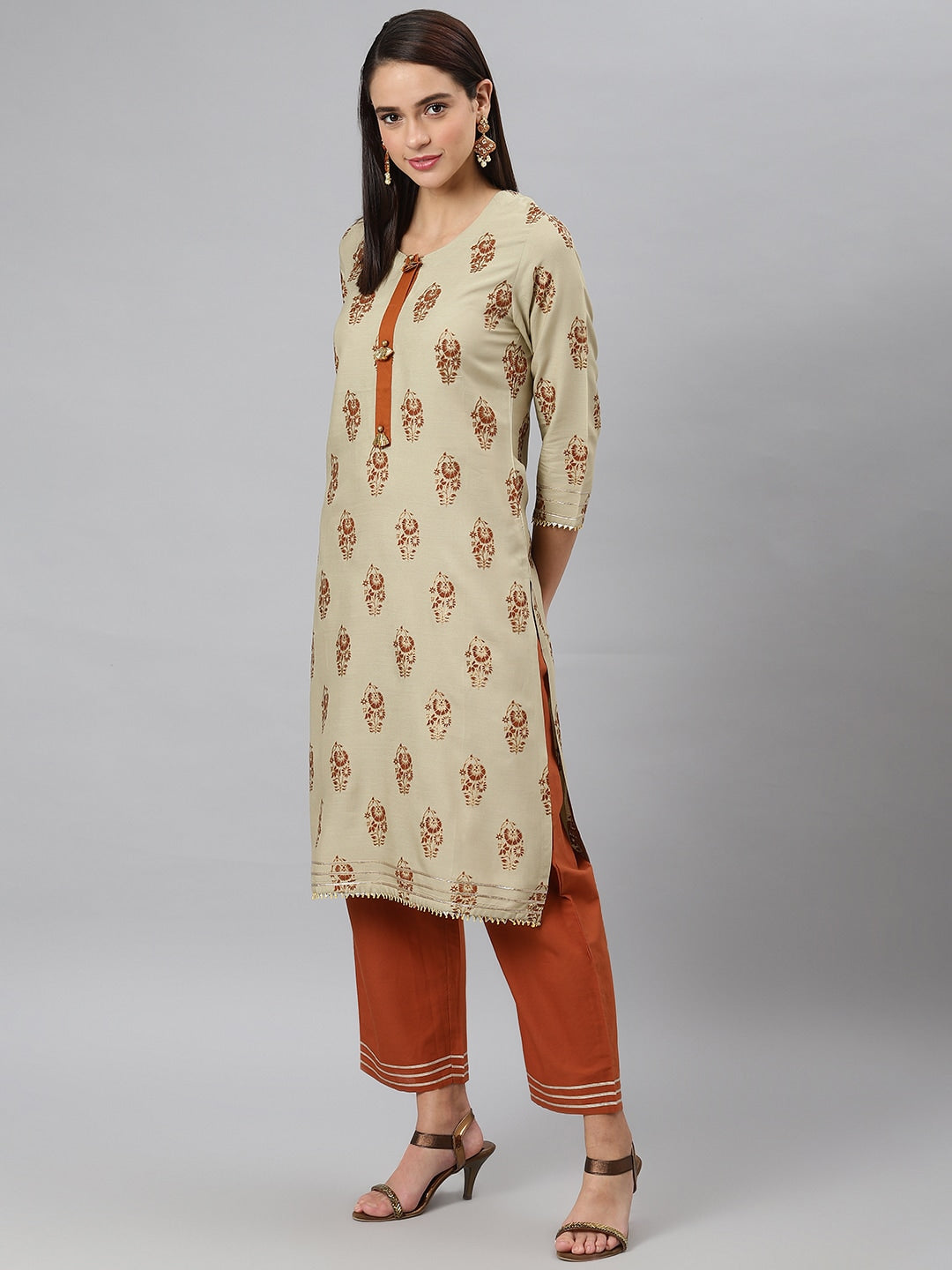 Khushal K Women Taupe & Rust Red Printed Kurta with Trousers & Dupatta - Distacart