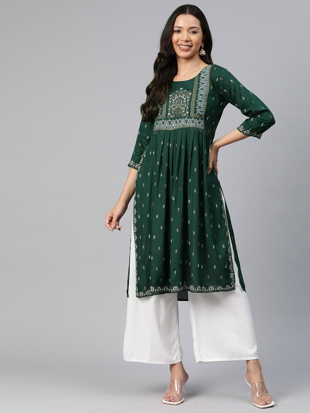 Kalini Ethnic Motifs Printed High Slit Mirror Work Kurta - Distacart