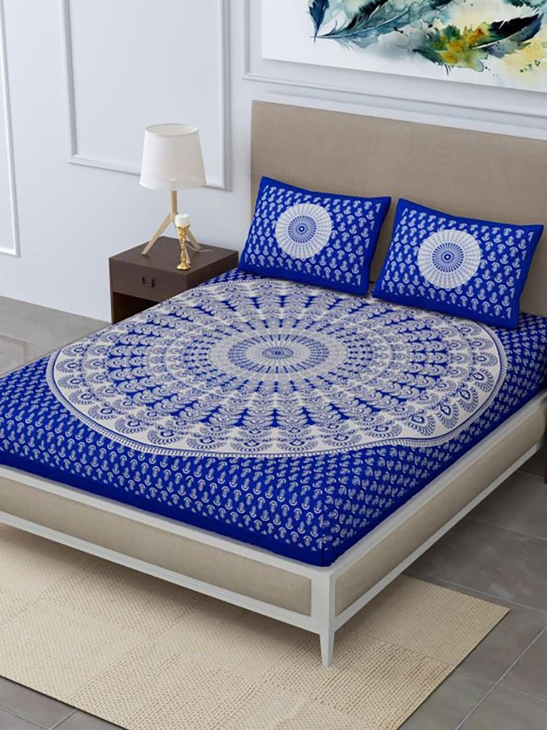 HOMETALES Blue & White Ethnic Motifs Cotton 104 TC King Bedsheet with 2 Pillow Covers - Distacart