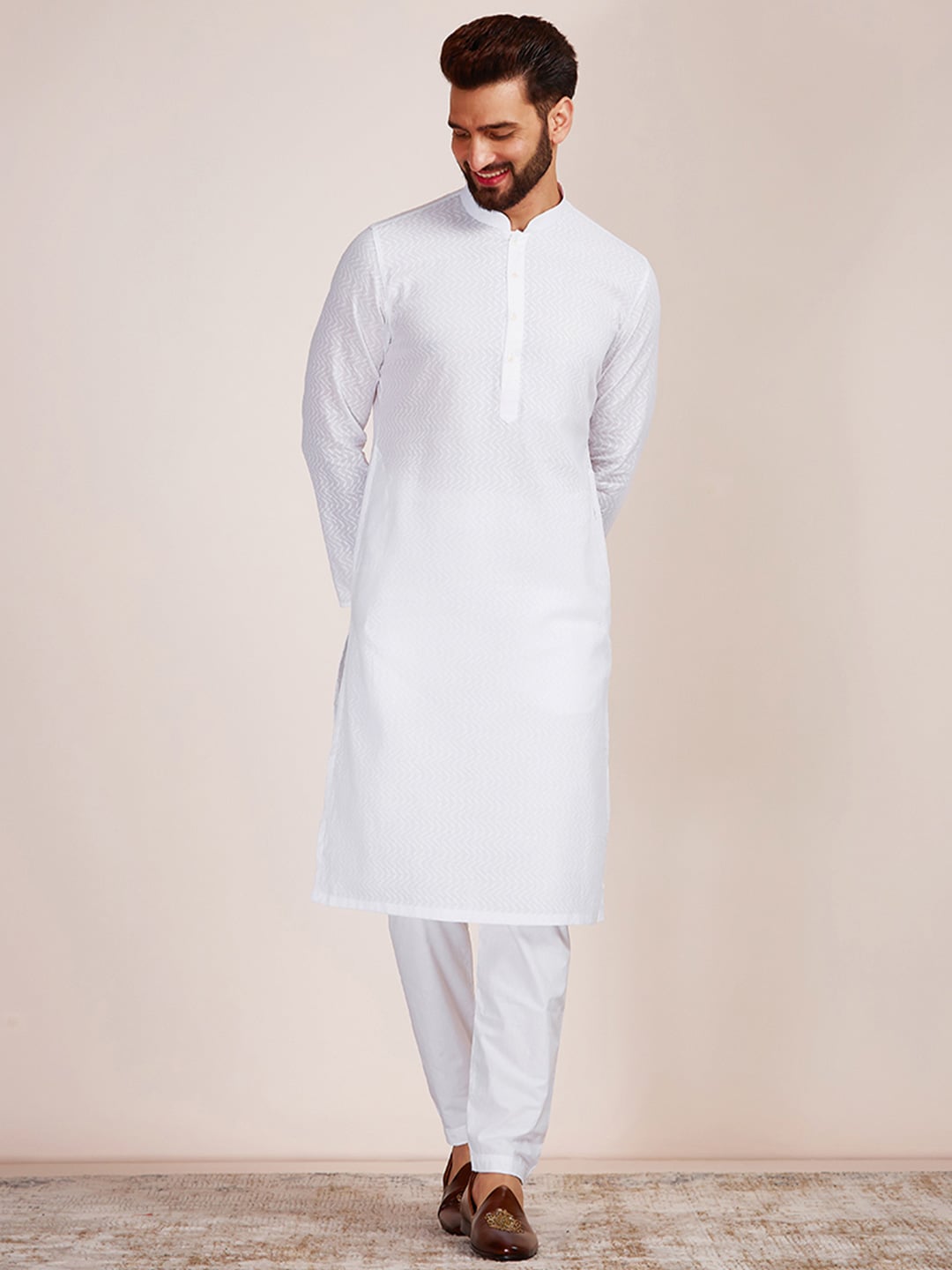 Manyavar Men Printed Pure Cotton Kurta with Pyjamas - Distacart