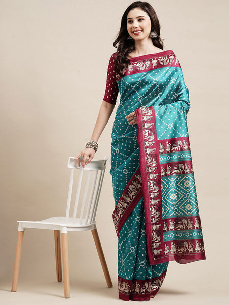 Saree Mall Blue & Maroon Bandhani Silk Blend Bandhani Sarees - Distacart