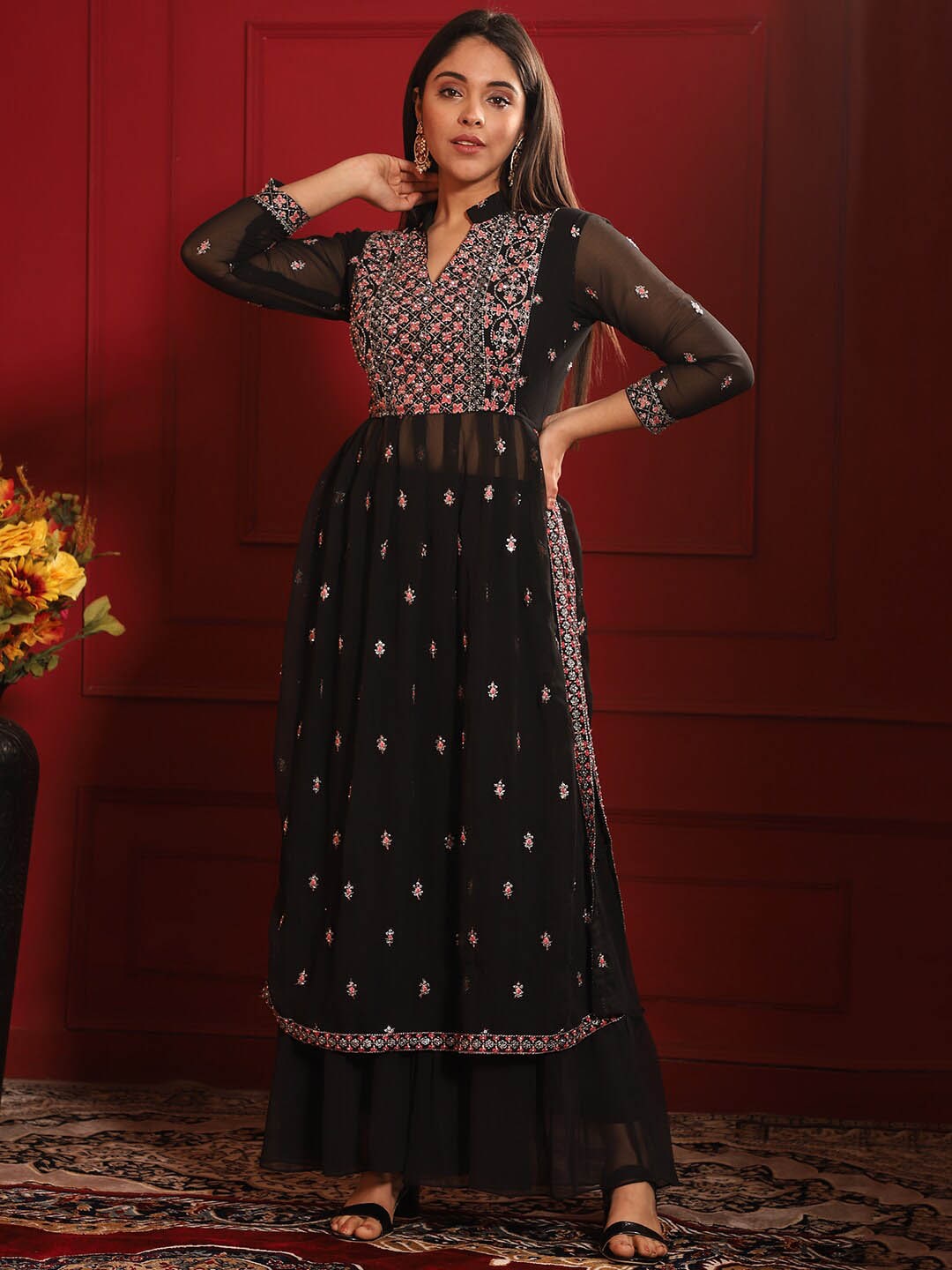 Kalini Embroidered Pleated Thread Work Kurta with Sharara - Distacart