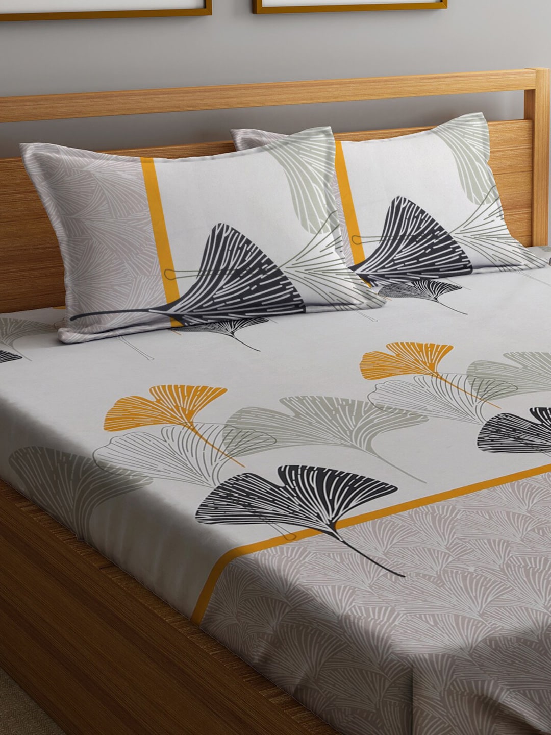 Home Sizzler Grey & Yellow Floral 210 TC Queen Bedsheet with 2 Pillow Covers - Distacart