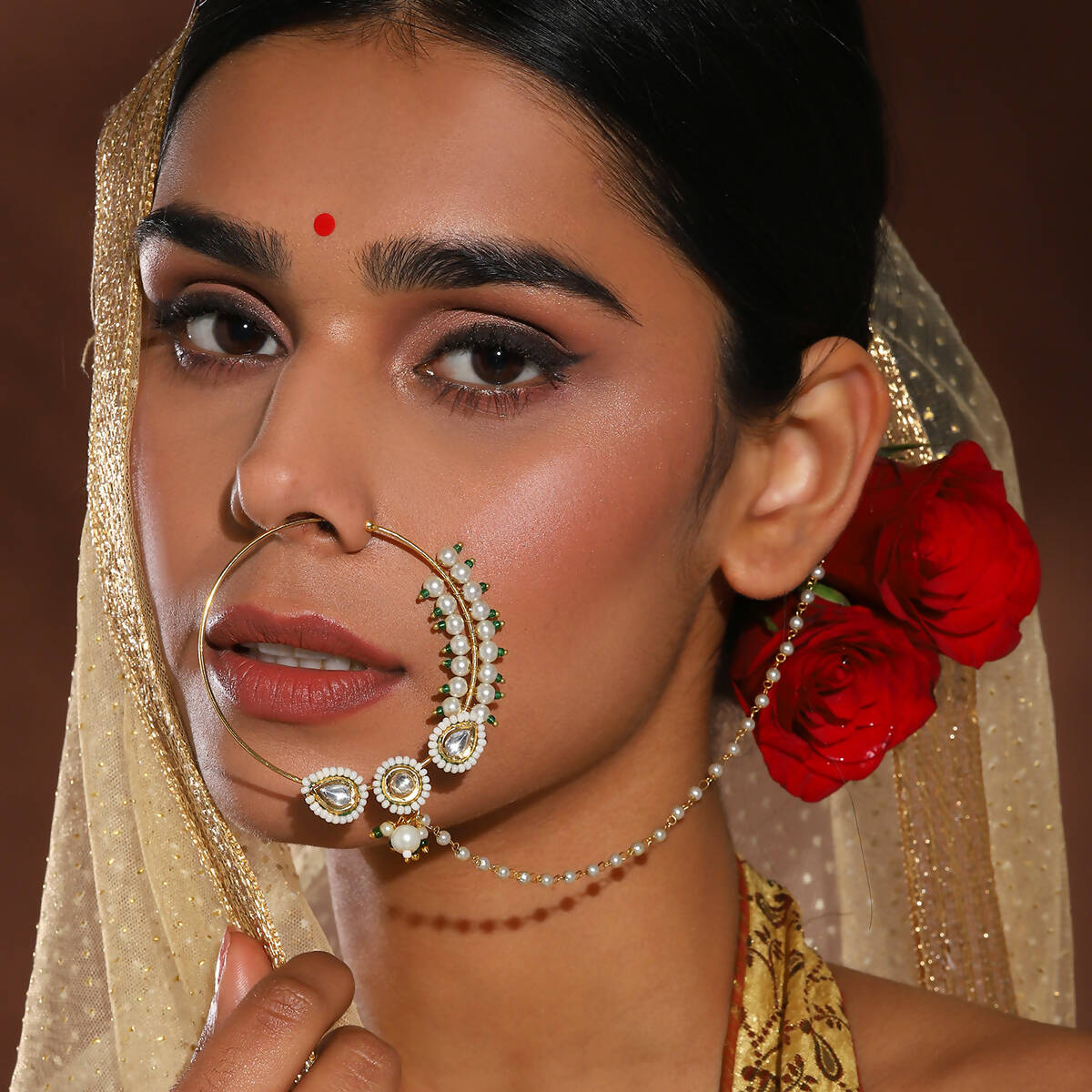 Gold-Plated White Kundan Studded Pearl Beaded Nose Pin - Ruby Raang - Distacart